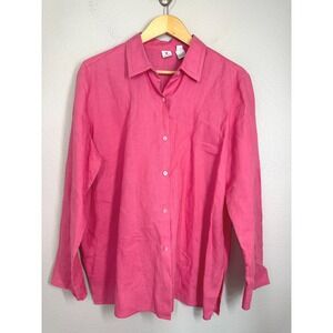 Real Clothes 100% Linen‎ Button Down Shirt Pink Long Sleeve Top Size 14 Blouse